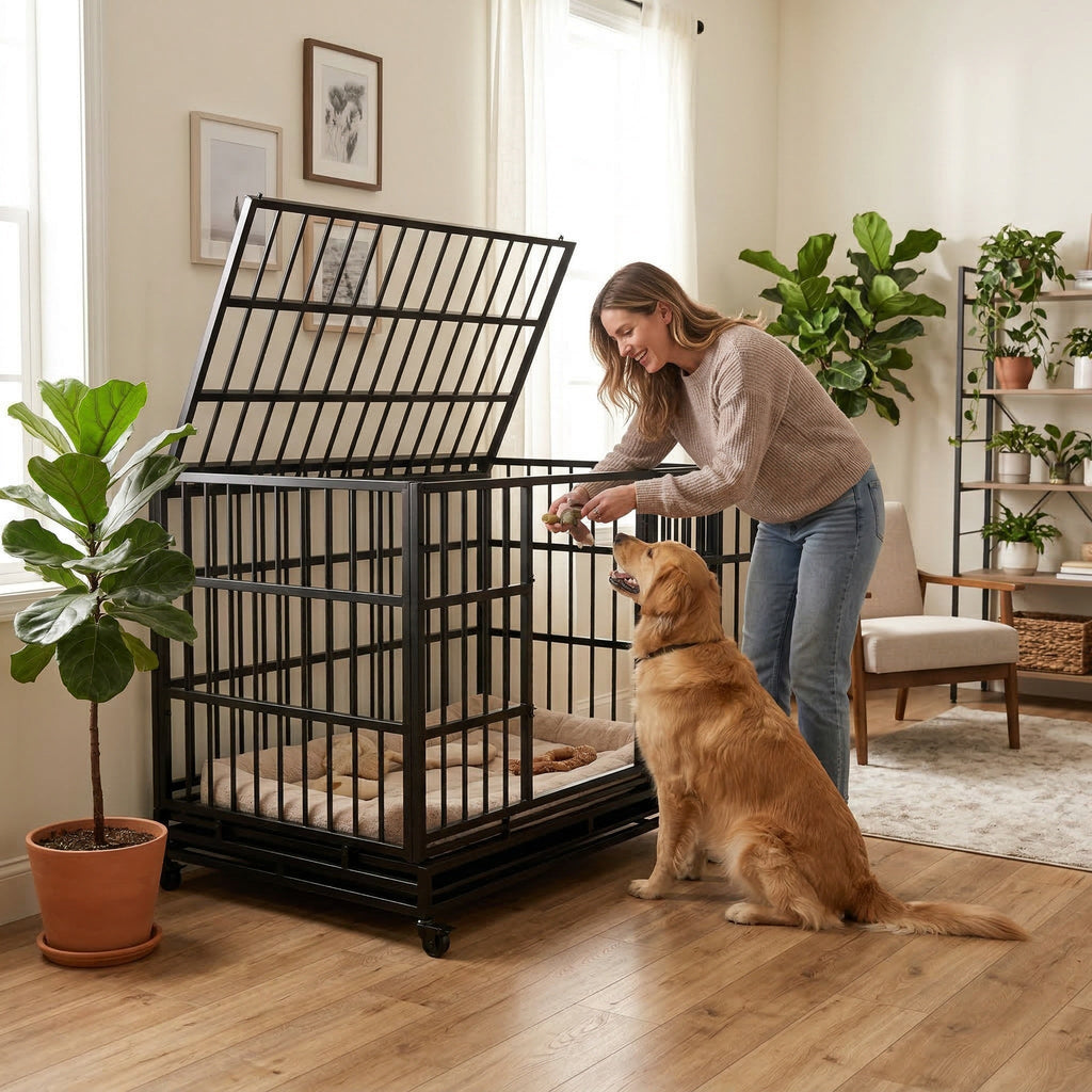 48 Inch Heavy Duty Indestructible Dog Crate with Wheels - Metal