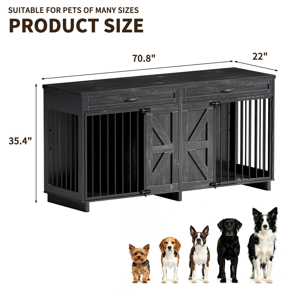 Wood & Metal Dog Crate Furniture TV Stand with Storage - Barn Door Design