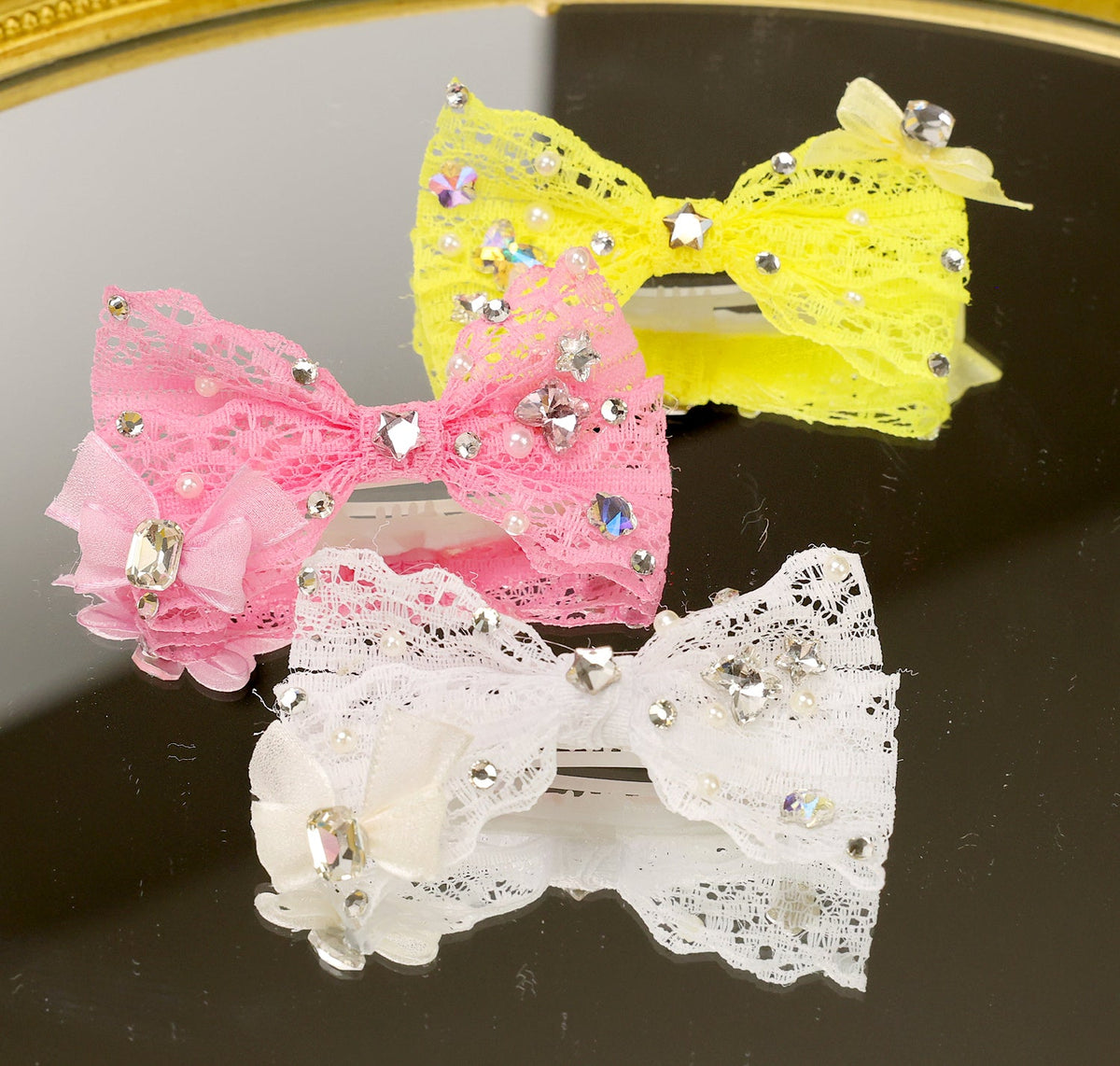 Pet Accessories Lace Rhinestone Bow Hair Clip headwear