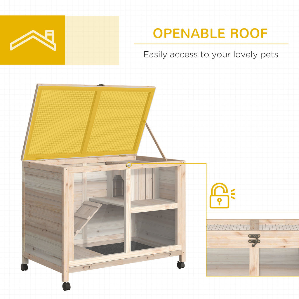 Natural Indoor Rabbit Hutch with Wheels – Wood Cage for Small Pets