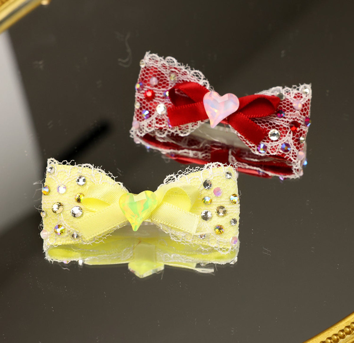 Pet Lace Bow Hair Clip with Heart Crystal