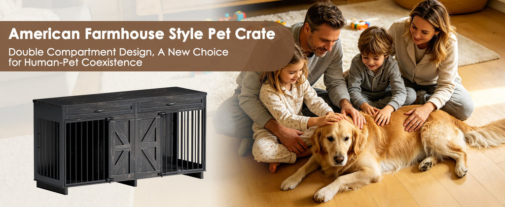 Wood & Metal Dog Crate Furniture TV Stand with Storage - Barn Door Design