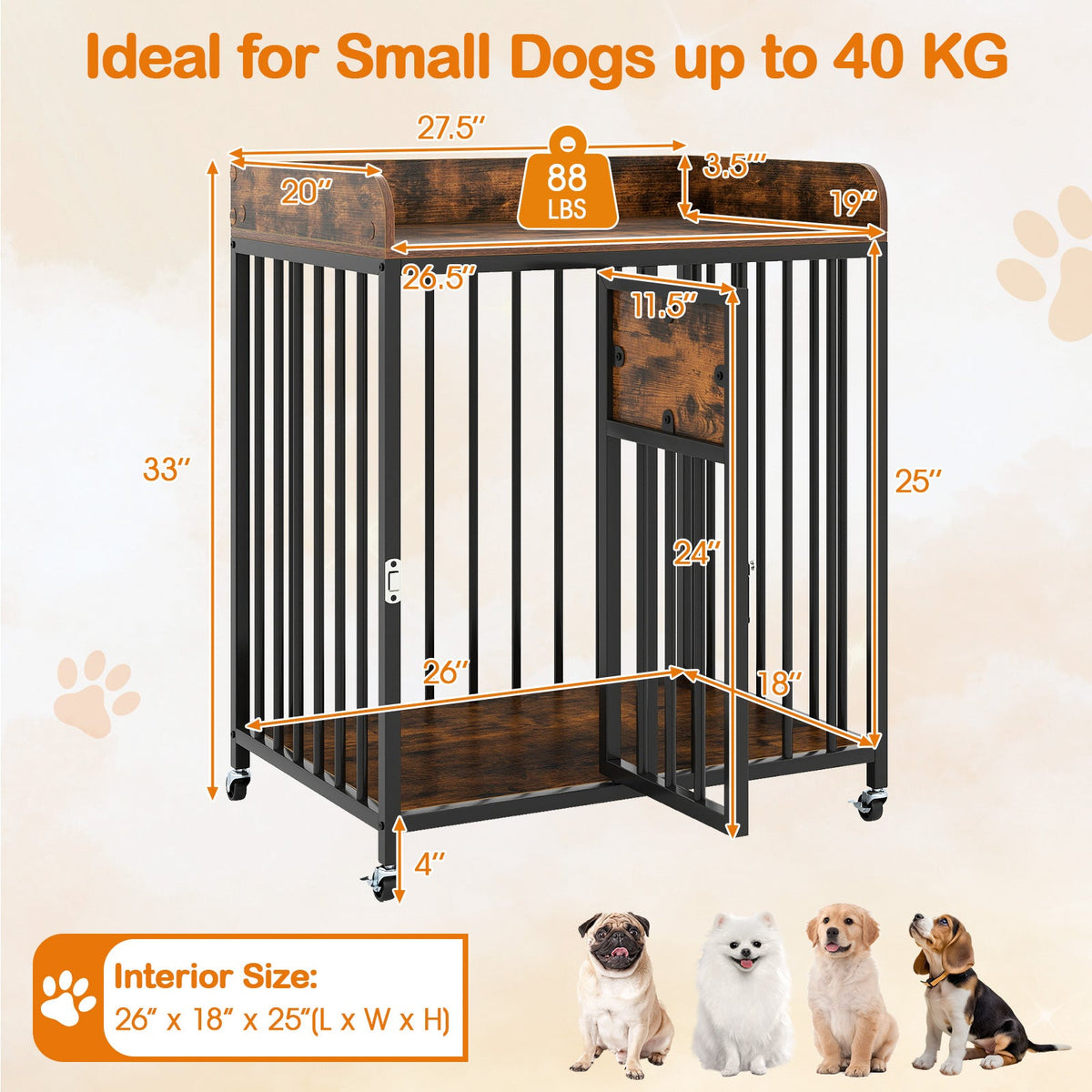 27.5 Inch Dog Crate Furniture with Wheels for Small Dogs and Puppies-Rustic Brown