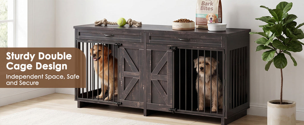 Wood & Metal Dog Crate Furniture TV Stand with Storage - Barn Door Design