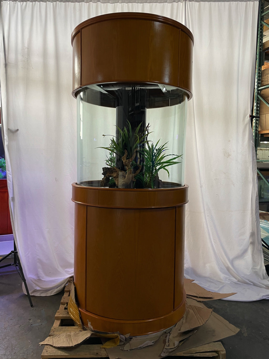 100 Gallon Glass Full Cylinder Aquarium Minor Blemish Reef-Ready Aquarium in Golden Oak Real Wood Furniture
