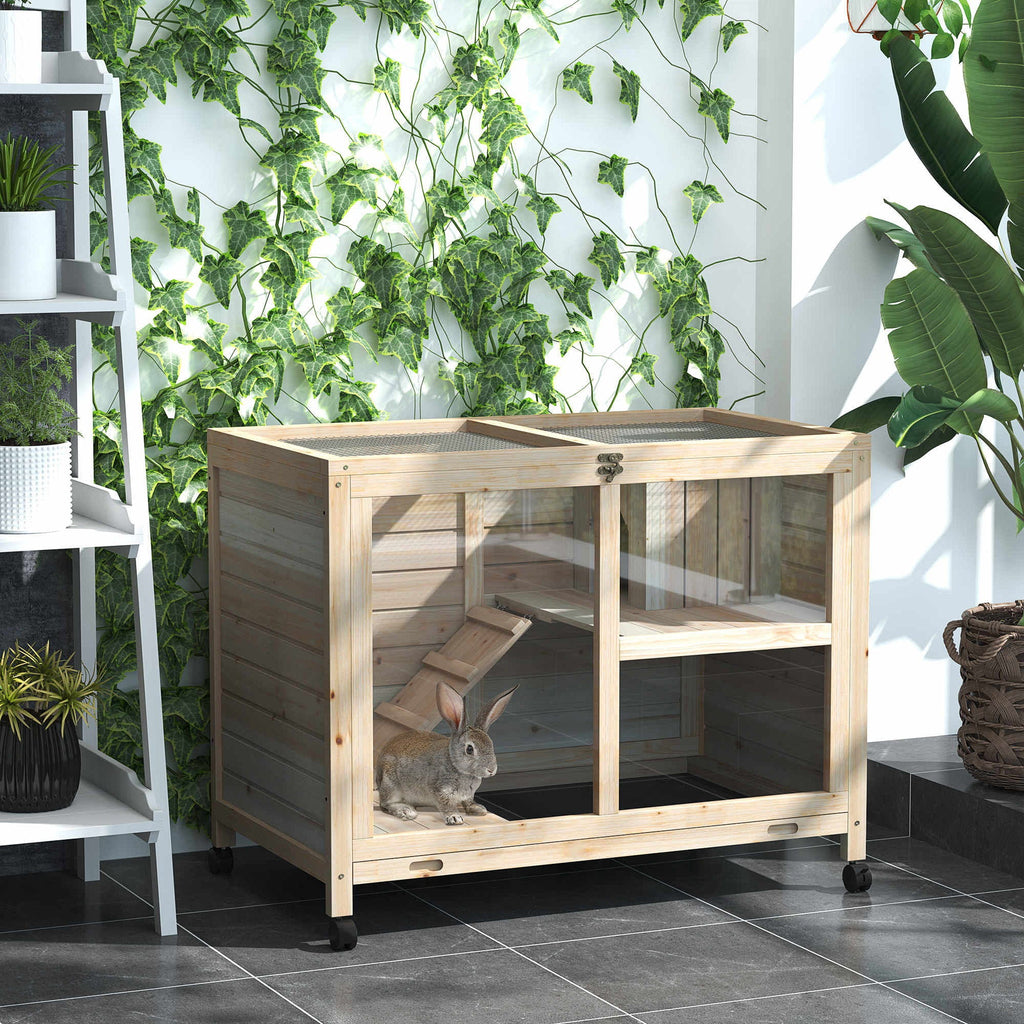 Natural Indoor Rabbit Hutch with Wheels – Wood Cage for Small Pets