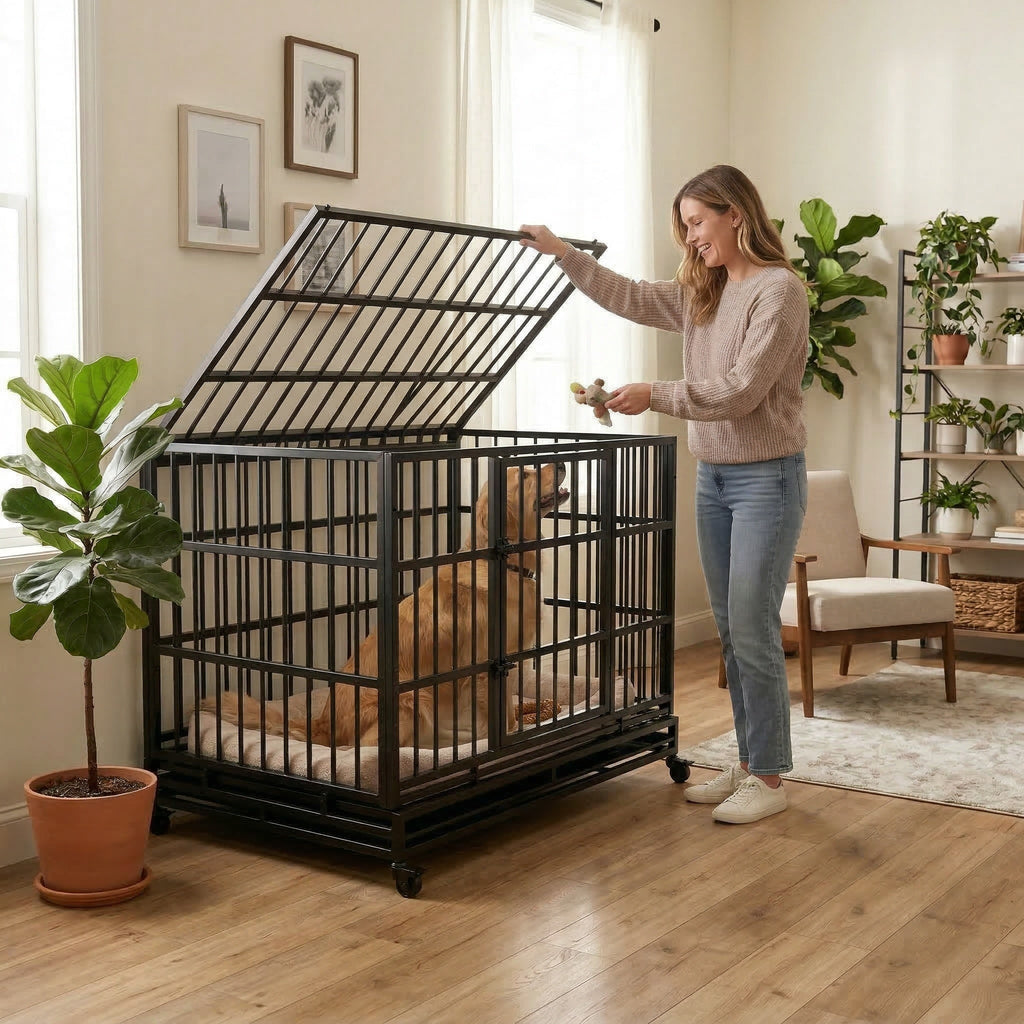 48 Inch Heavy Duty Indestructible Dog Crate with Wheels - Metal
