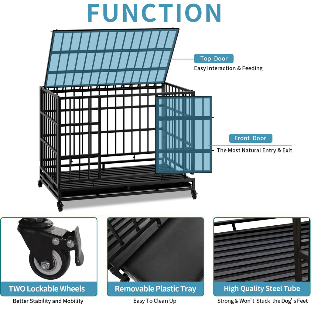 48 Inch Heavy Duty Indestructible Dog Crate with Wheels - Metal