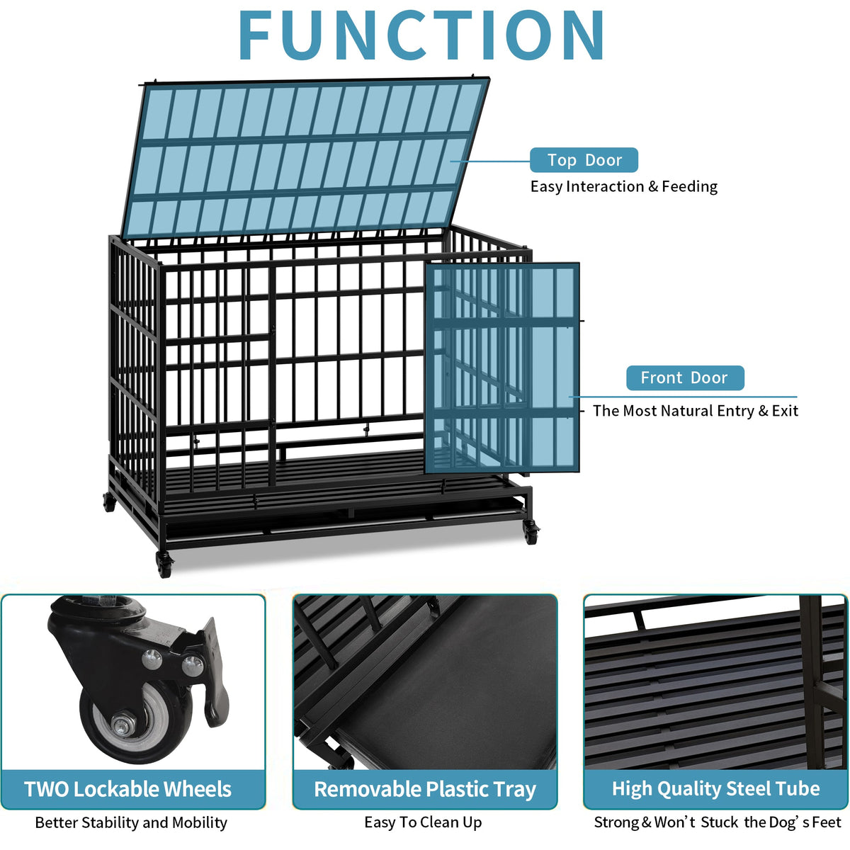 48 Inch Heavy Duty Indestructible Dog Crate with Wheels - Metal