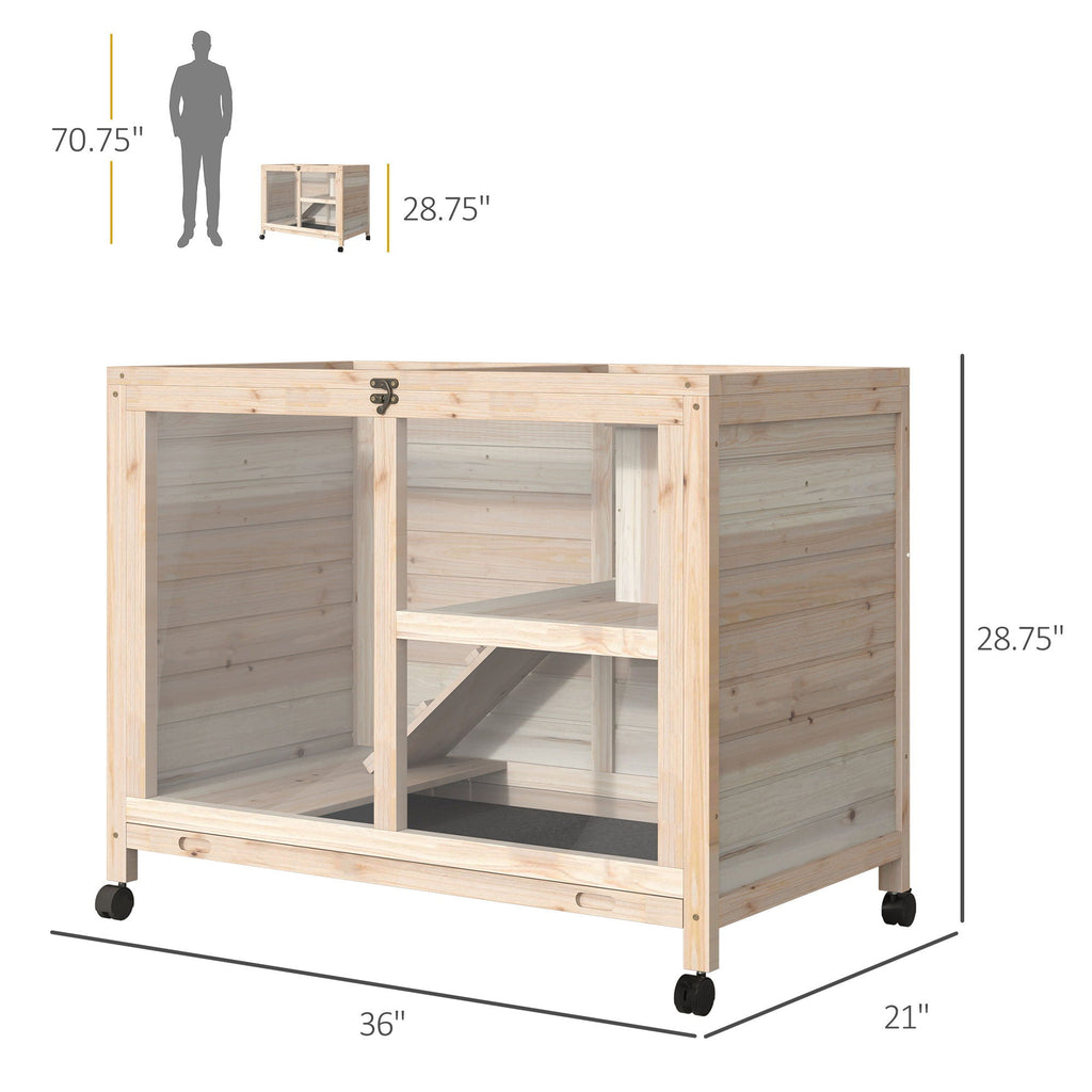 Natural Indoor Rabbit Hutch with Wheels – Wood Cage for Small Pets
