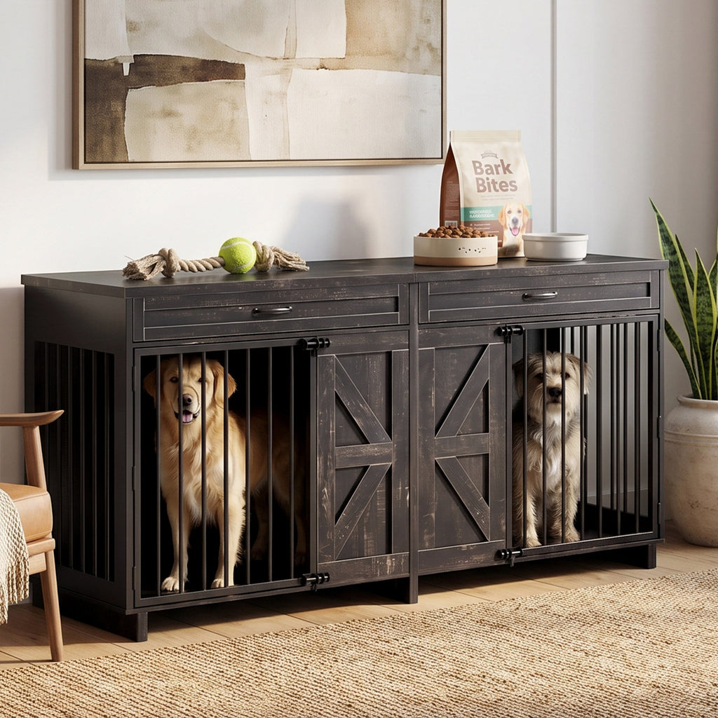 Wood & Metal Dog Crate Furniture TV Stand with Storage - Barn Door Design