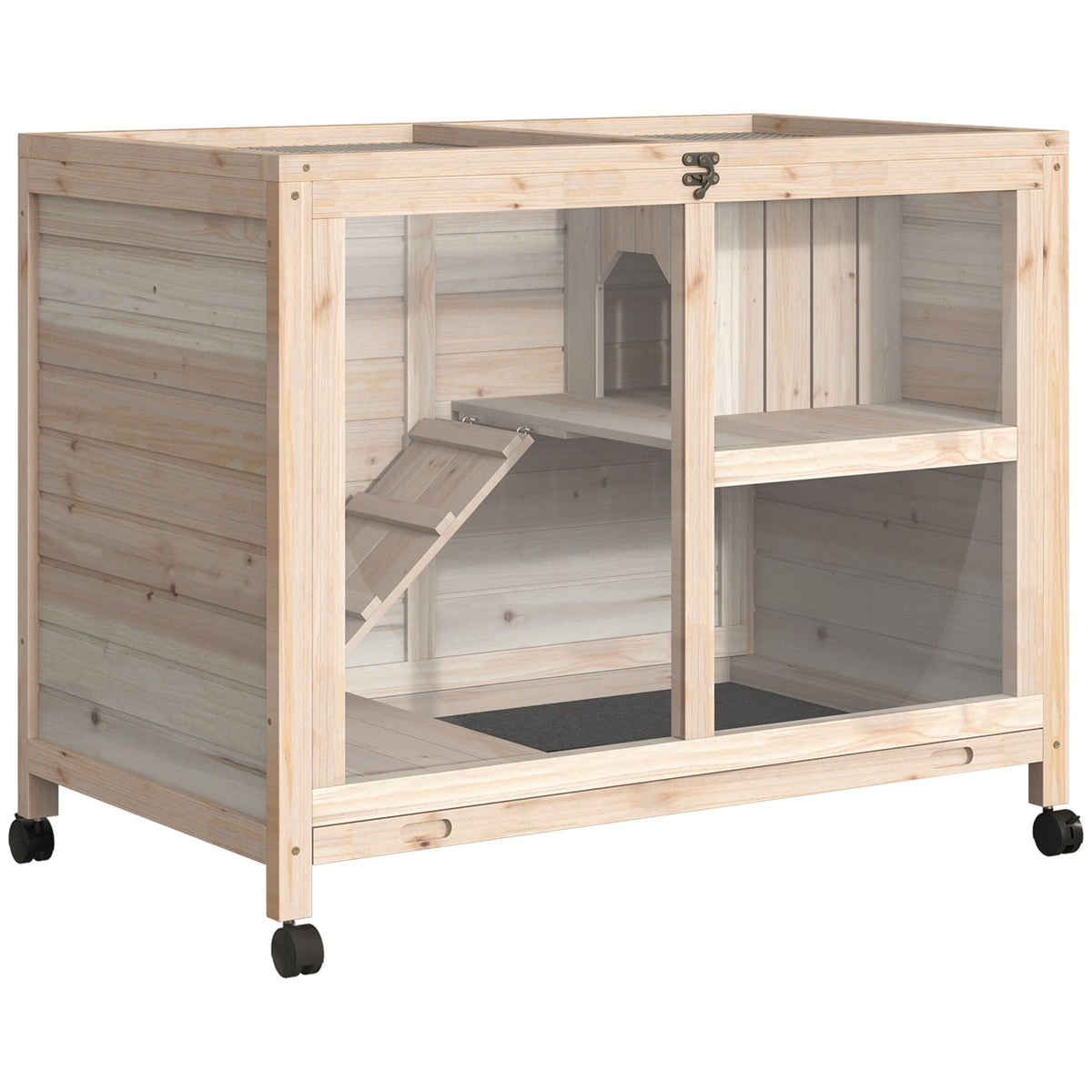 Natural Indoor Rabbit Hutch with Wheels – Wood Cage for Small Pets