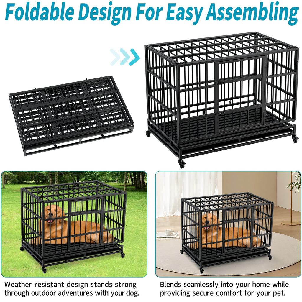48 Inch Heavy Duty Indestructible Dog Crate with Wheels - Metal