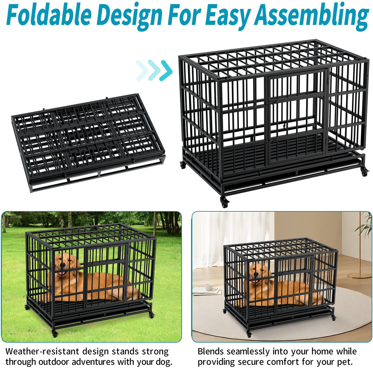 48 Inch Heavy Duty Indestructible Dog Crate with Wheels - Metal