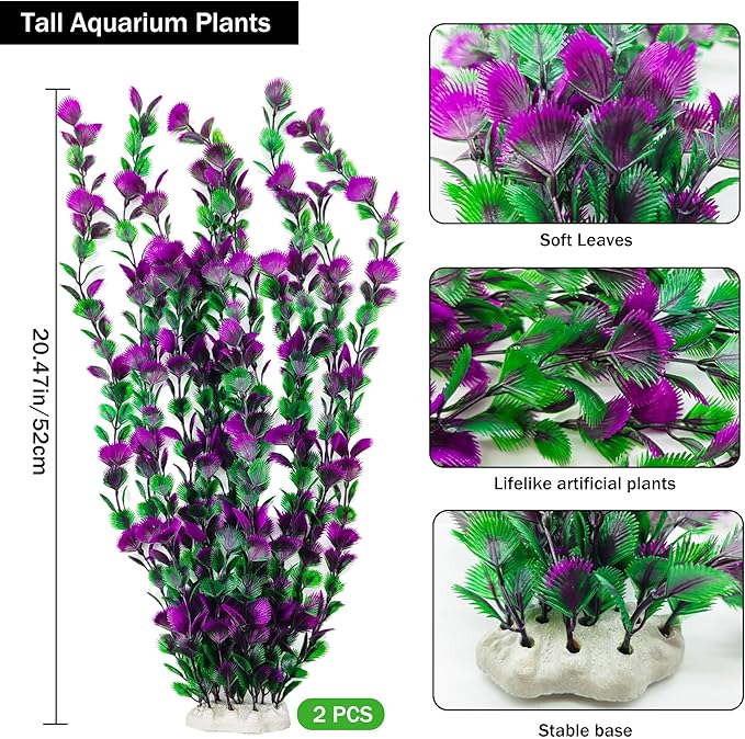 20.47 Inch Tall Aquarium Plants – Large Lifelike Artificial Fish Tank Decorations, 2 Pcs Fish Tank Plants Plastic，Durable & Safe for Freshwater/Saltwater Aquariums (Purple (Style C))