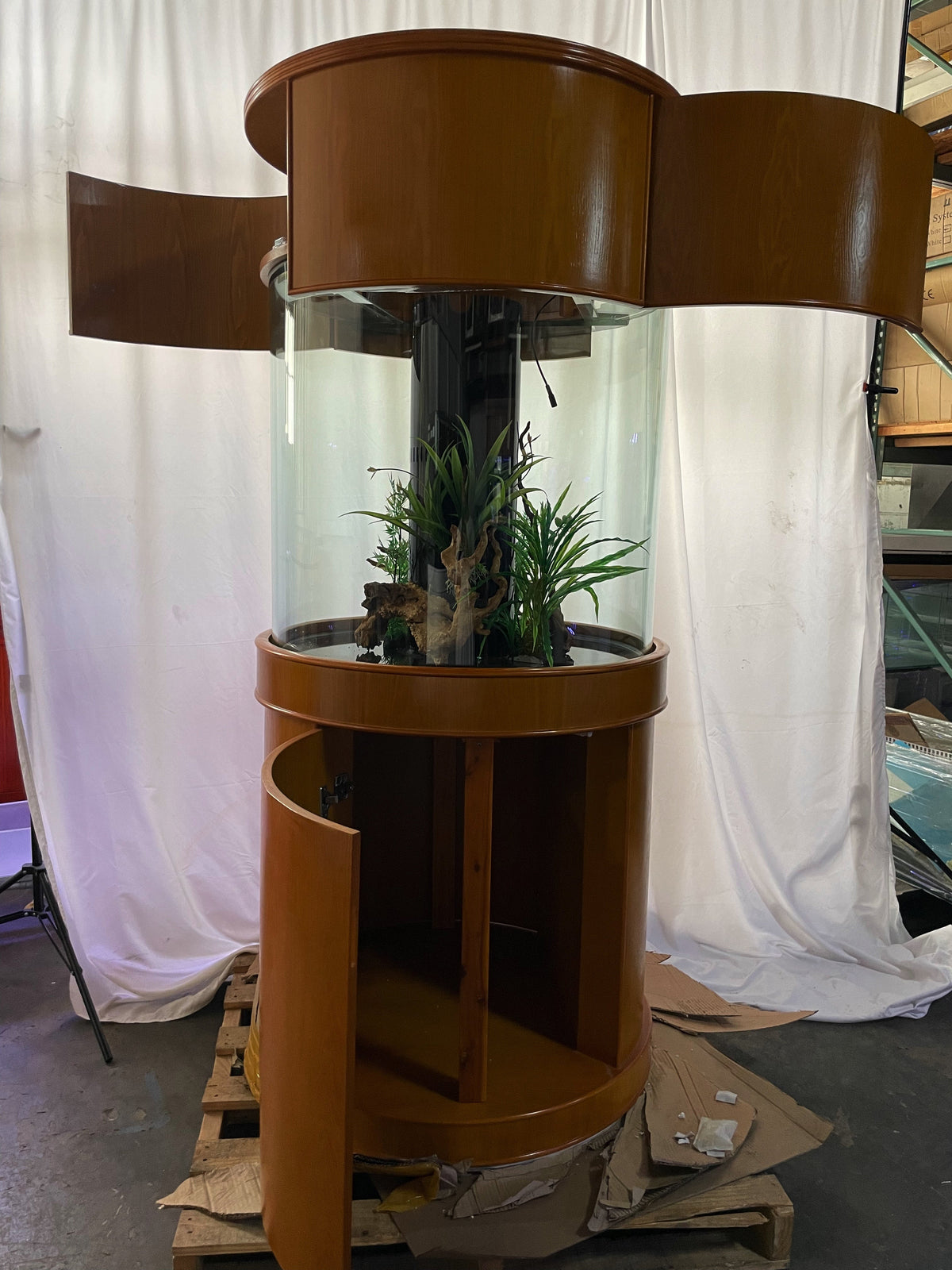 100 Gallon Glass Full Cylinder Aquarium Minor Blemish Reef-Ready Aquarium in Golden Oak Real Wood Furniture