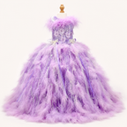 Luxury Lavender Feather Pet Wedding Gown Handmade Crystal Dog Bridal Dress Floor Length Couture Princess Wedding Outfit