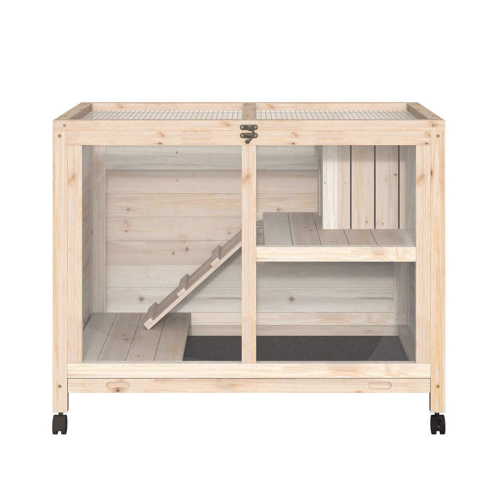 Natural Indoor Rabbit Hutch with Wheels – Wood Cage for Small Pets