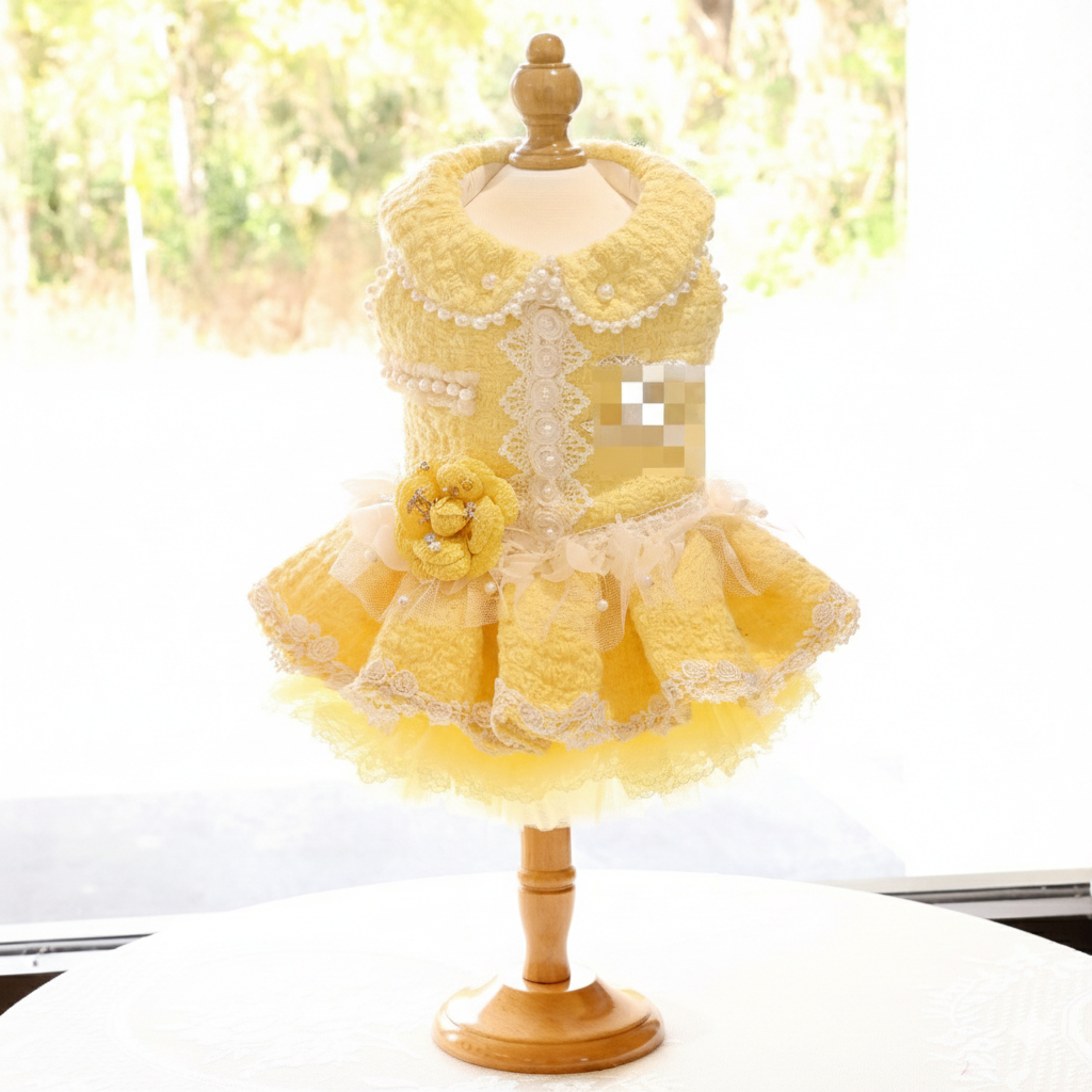 Pet Dress Yellow Tweed Pearls Collar with Lace Tutu - Boutique Party Outfit