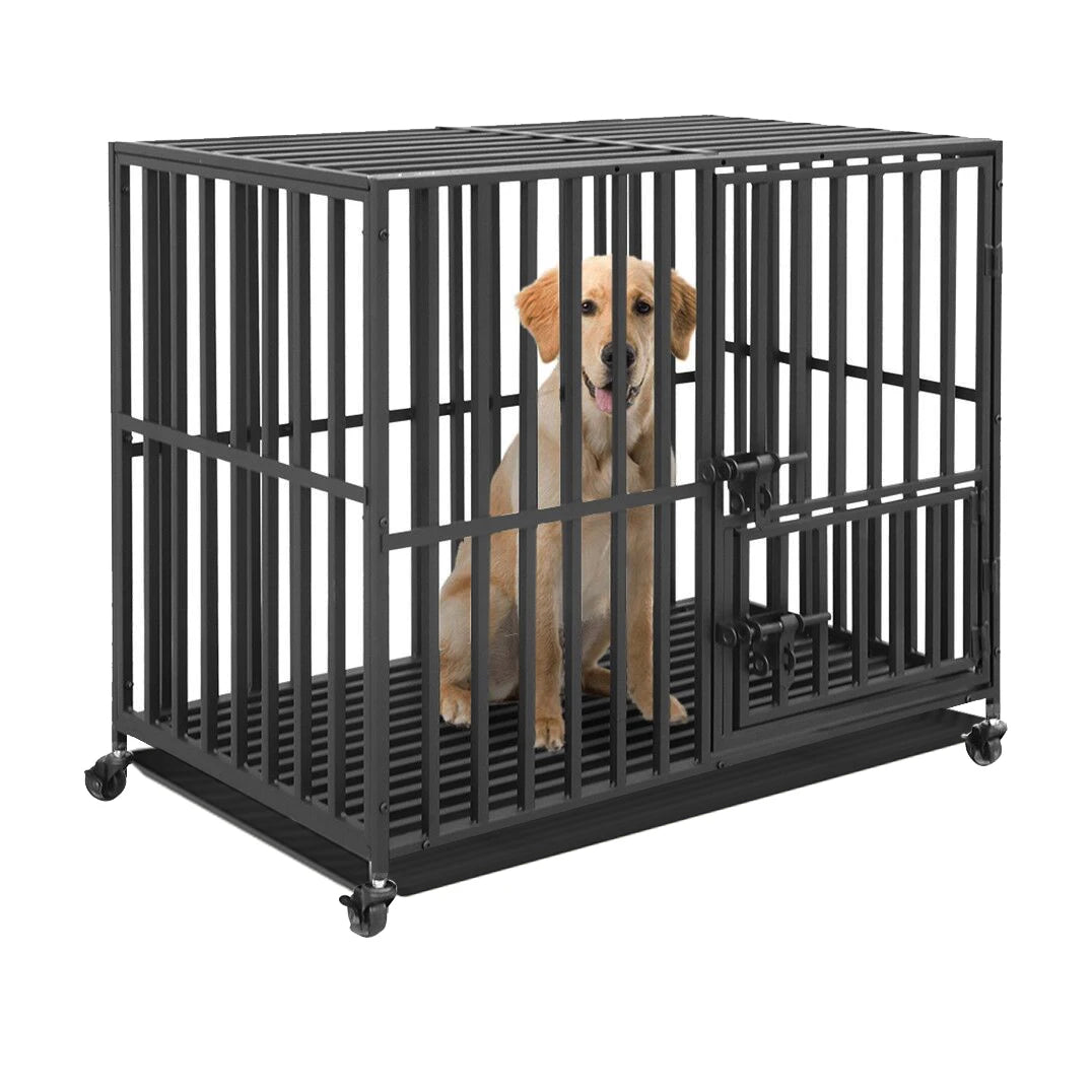 Heavy Duty Metal Dog Cage with 3 doors, 4 Wheels, and  Removable Tray