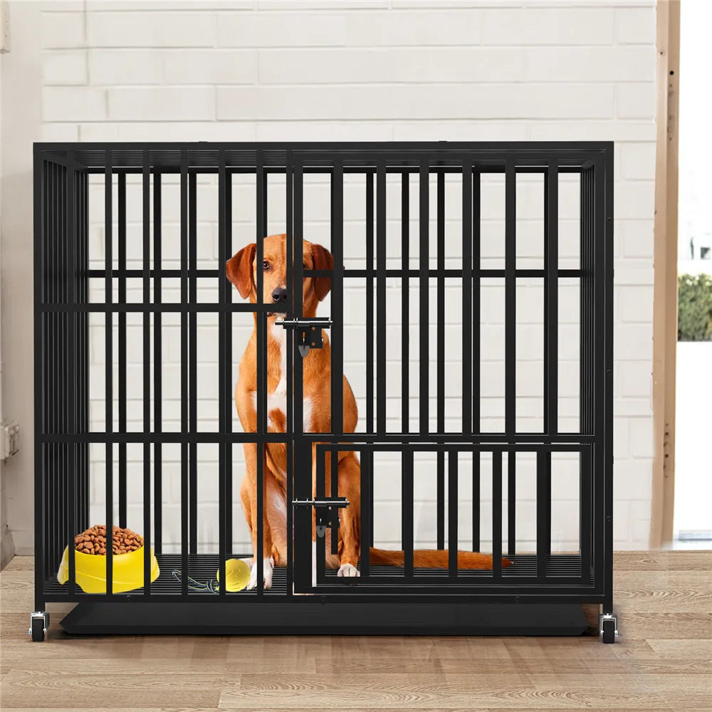 Heavy Duty Metal Dog Cage with 3 doors, 4 Wheels, and  Removable Tray