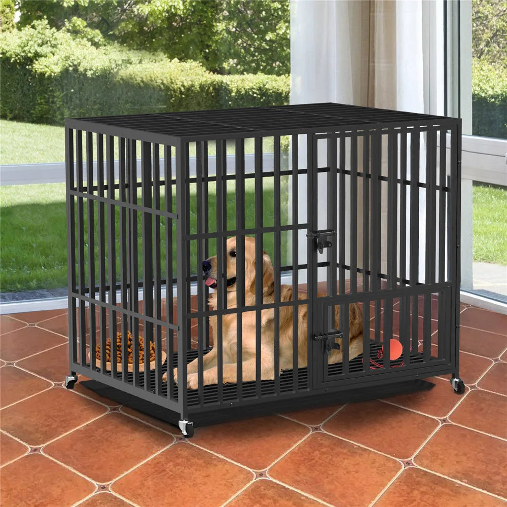 Heavy Duty Metal Dog Cage with 3 doors, 4 Wheels, and  Removable Tray