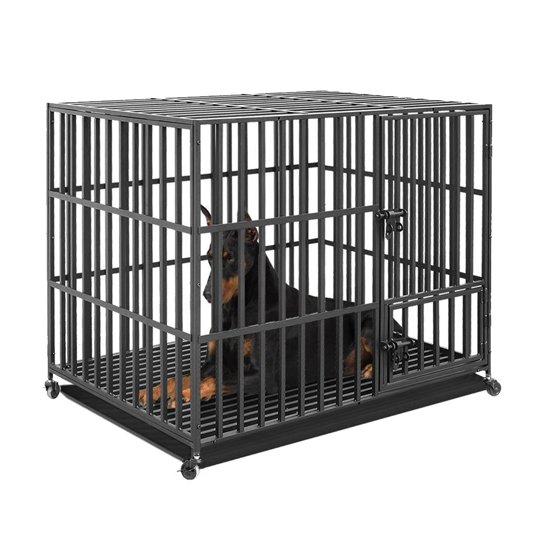 Heavy Duty Metal Dog Cage with 3 doors, 4 Wheels, and  Removable Tray