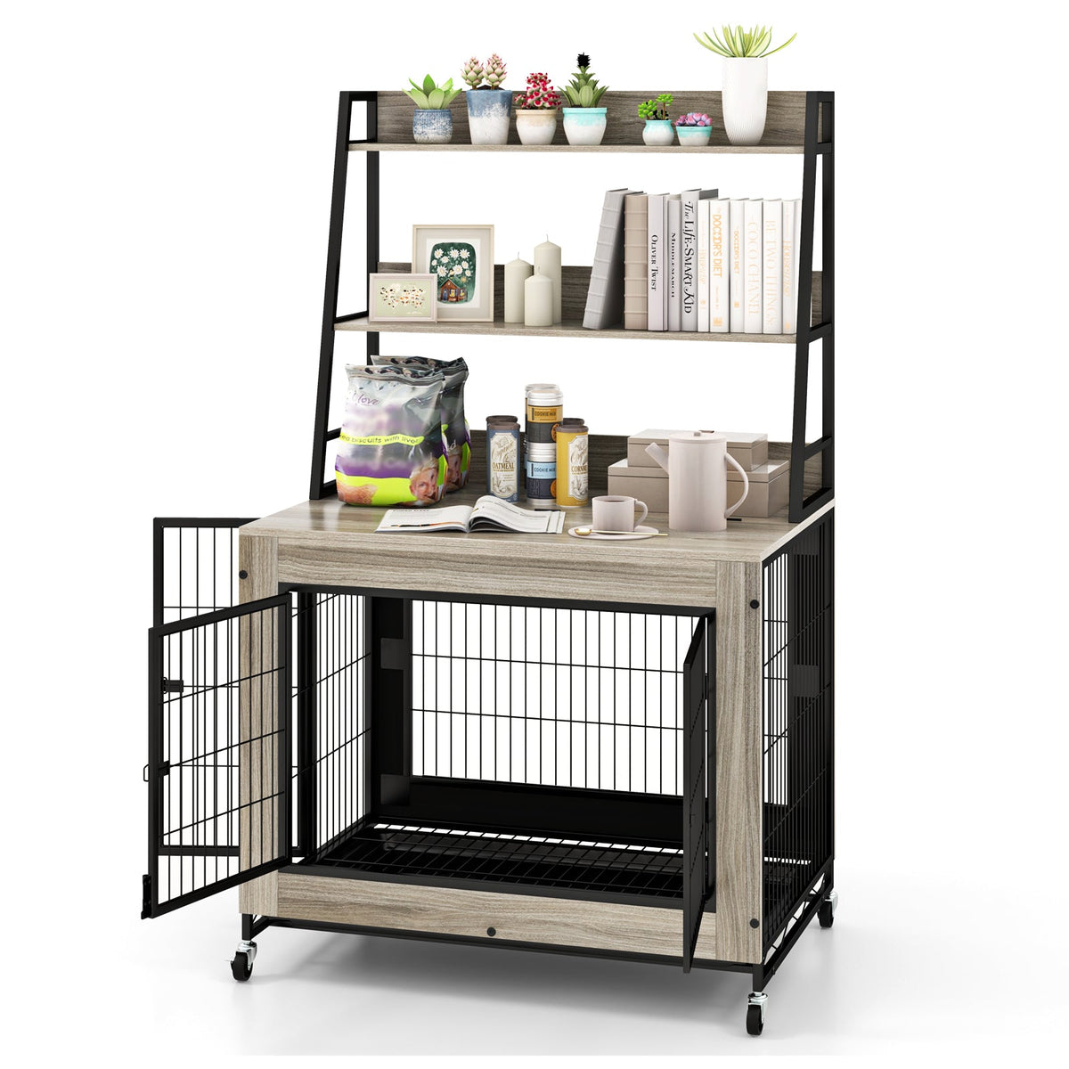 Industrial Dog Kennel Dog Crate Furniture with Storage Shelves-Gray
