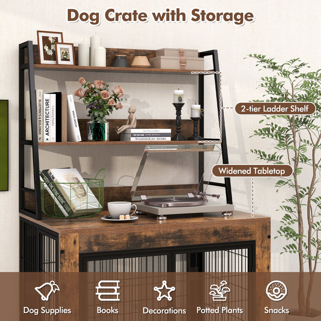 Industrial Dog Kennel Dog Crate Furniture with Storage Shelves-Rustic Brown