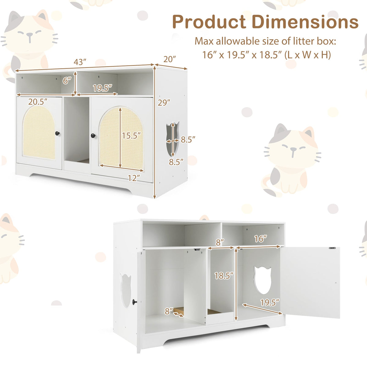 43 Inches Cat Litter Box Enclosure with Storage and Double Rooms-White