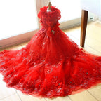 Handmade Ruby Rose Royal Dog Dress – Luxury Red Floral Wedding Gown with Crystal Train