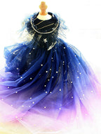Handmade Midnight Galaxy Princess Dog Dress – Navy Blue Ombre Star Wedding Gown with Pearl Train