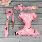 Adjustable Dog Collar with removable flower, Mesh Harness, and Leash Set