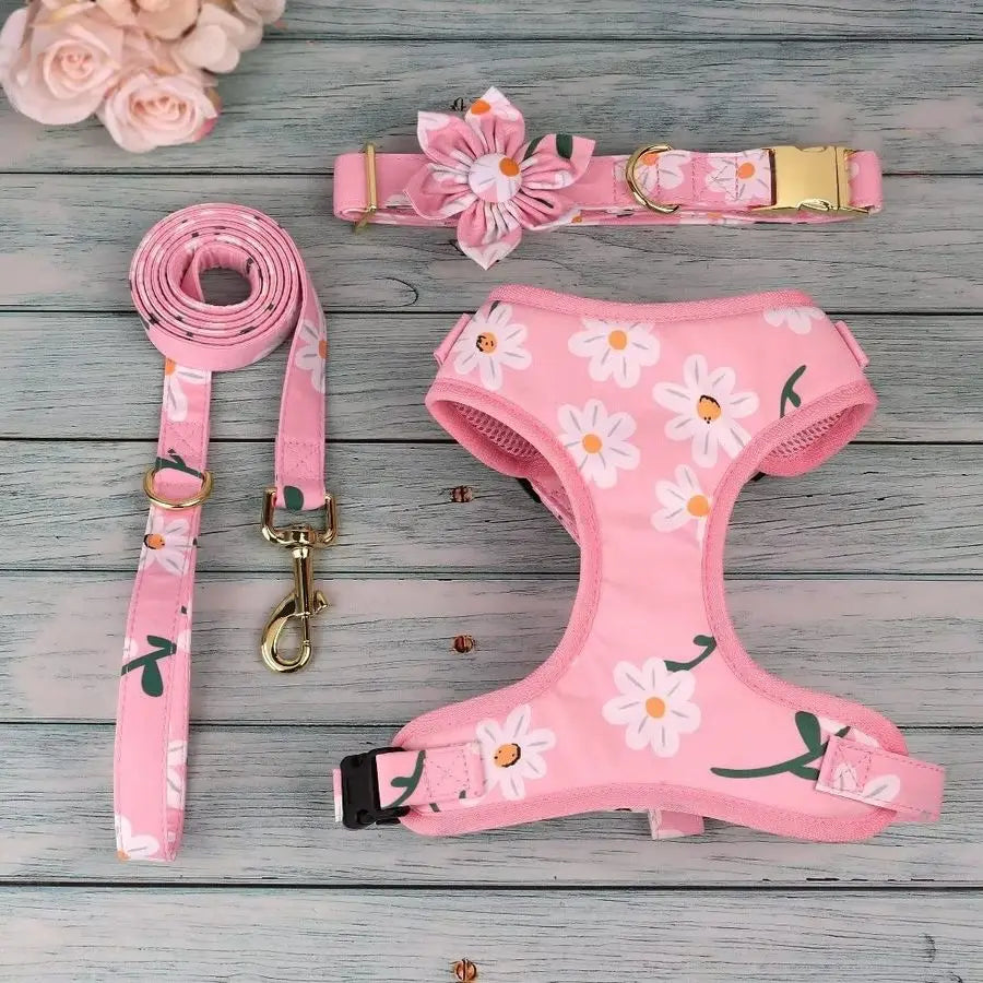 Adjustable Dog Collar with removable flower, Mesh Harness, and Leash Set