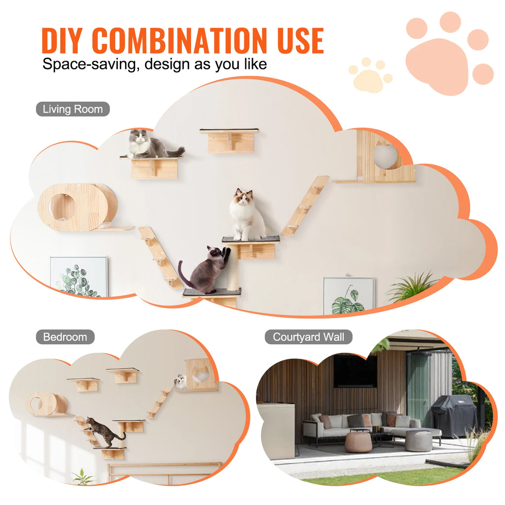 Wall Mounted Cat Wall Shelves and Perches with Jumping Boards, Hammocks