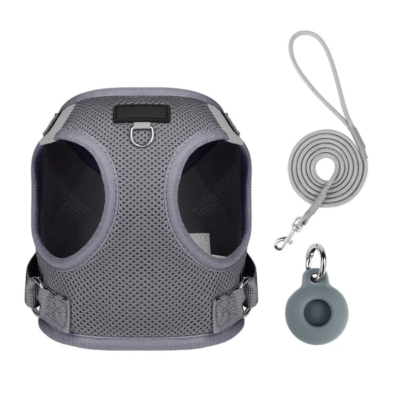 Dog Harness with Airtag Tracker and Leash Set - Mesh and Nylon