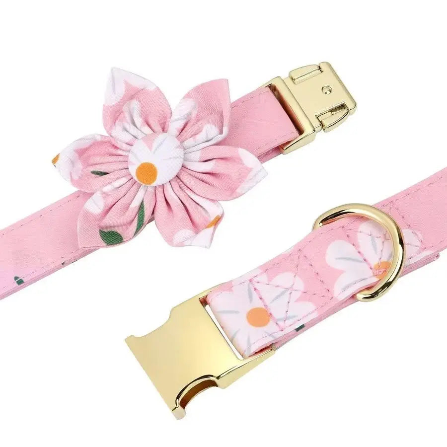 Adjustable Dog Collar with removable flower, Mesh Harness, and Leash Set