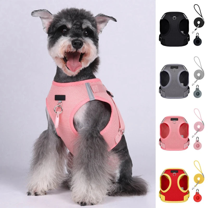 Dog Harness with Airtag Tracker and Leash Set - Mesh and Nylon