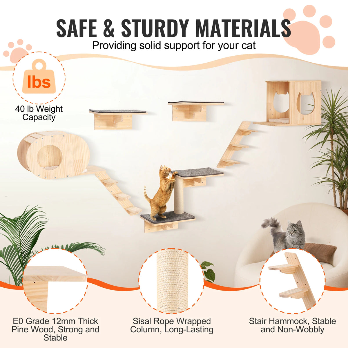 Wall Mounted Cat Wall Shelves and Perches with Jumping Boards, Hammocks