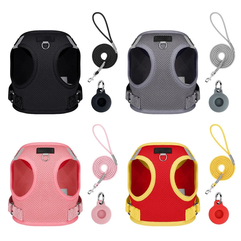 Dog Harness with Airtag Tracker and Leash Set - Mesh and Nylon
