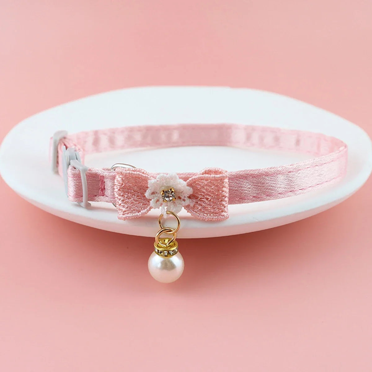 Pink Bell, Bow, and Pearl Cat Collar