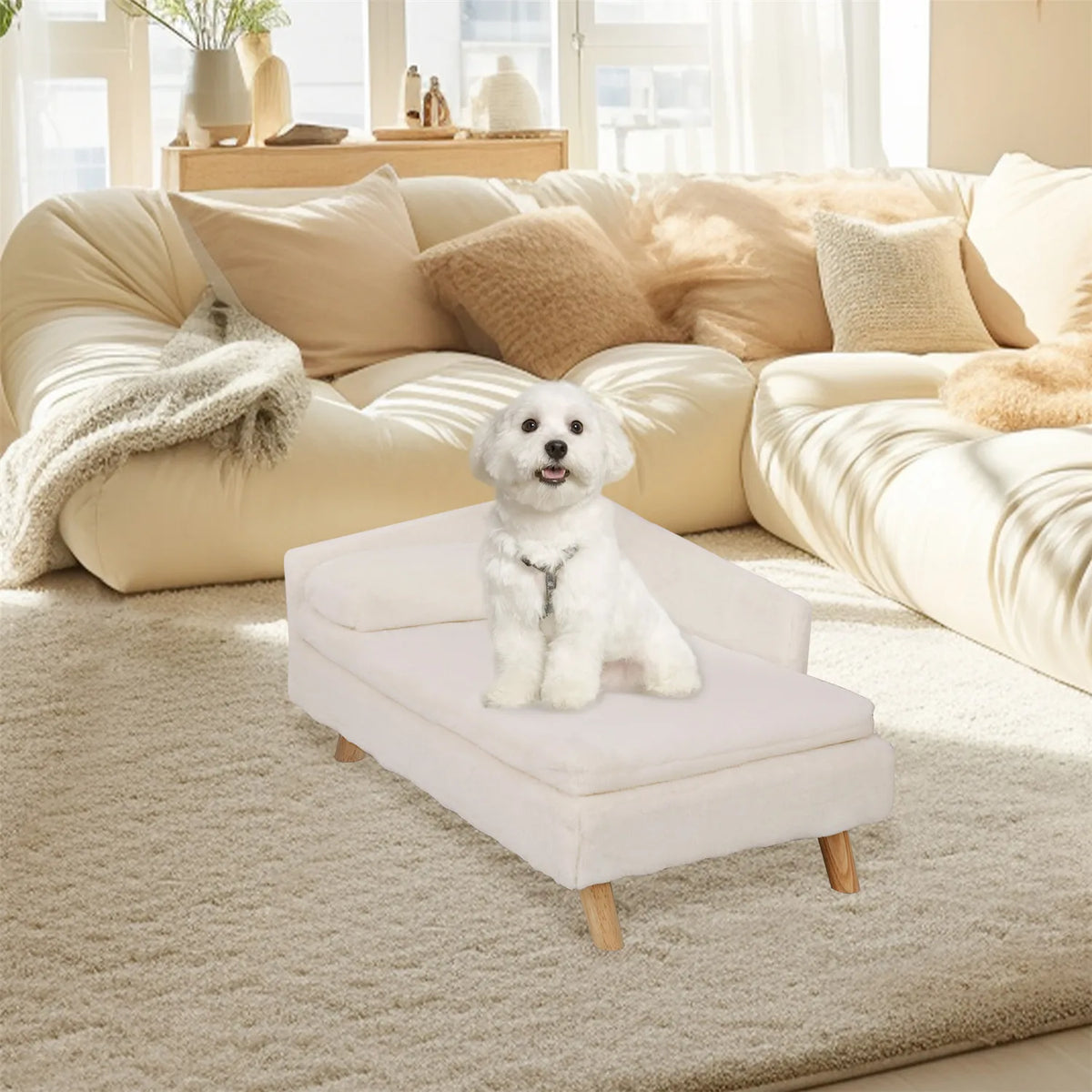 Elevated Pet Stool Bed, with Cozy Waterproof Pad and Sturdy Wood Legs