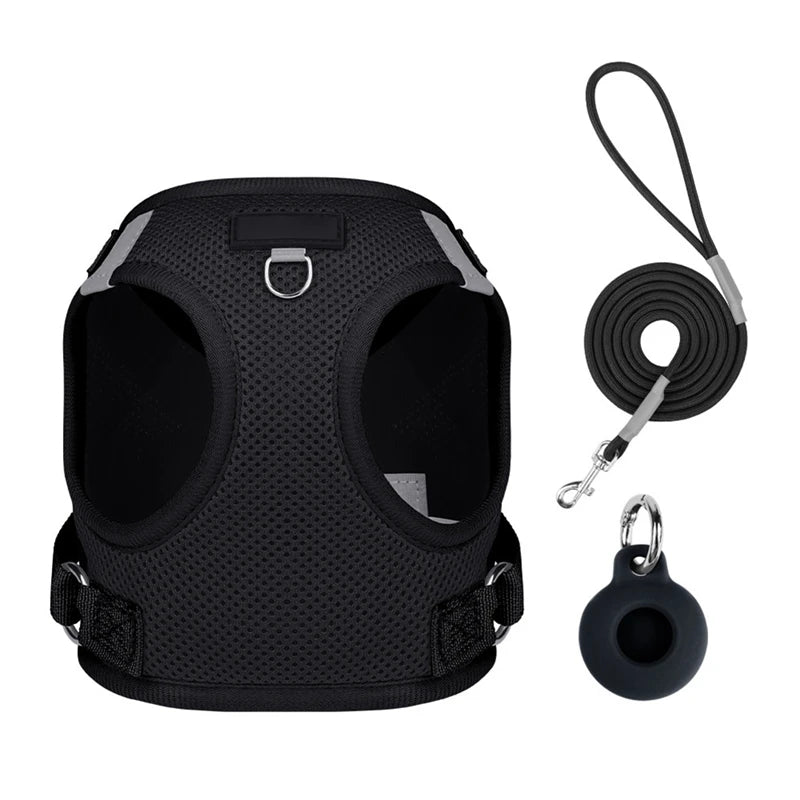 Dog Harness with Airtag Tracker and Leash Set - Mesh and Nylon