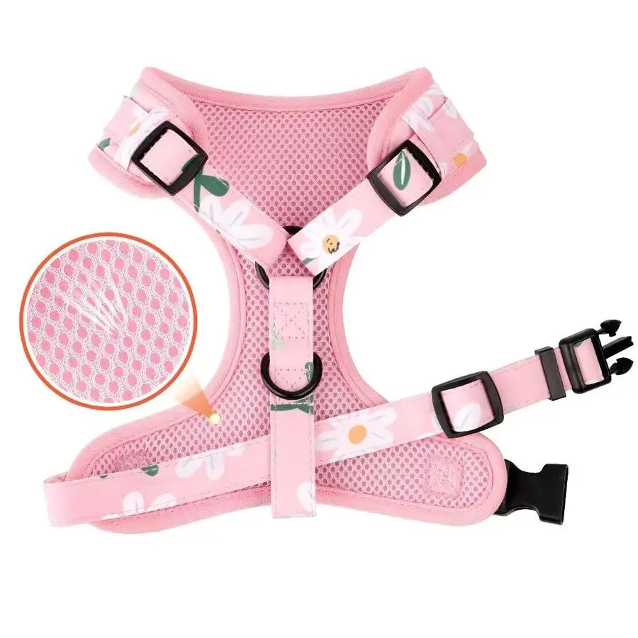 Adjustable Dog Collar with removable flower, Mesh Harness, and Leash Set