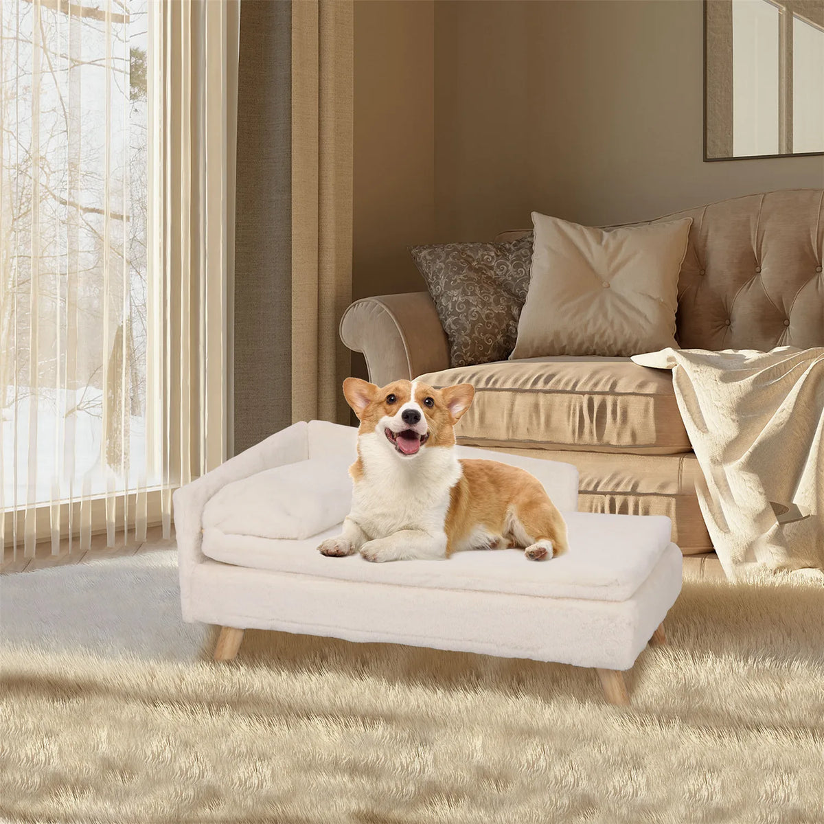 Elevated Pet Stool Bed, with Cozy Waterproof Pad and Sturdy Wood Legs
