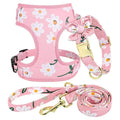 Adjustable Dog Collar with removable flower, Mesh Harness, and Leash Set