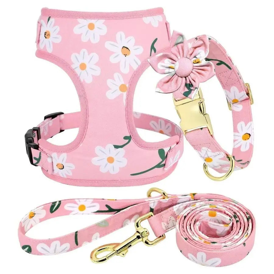Adjustable Dog Collar with removable flower, Mesh Harness, and Leash Set