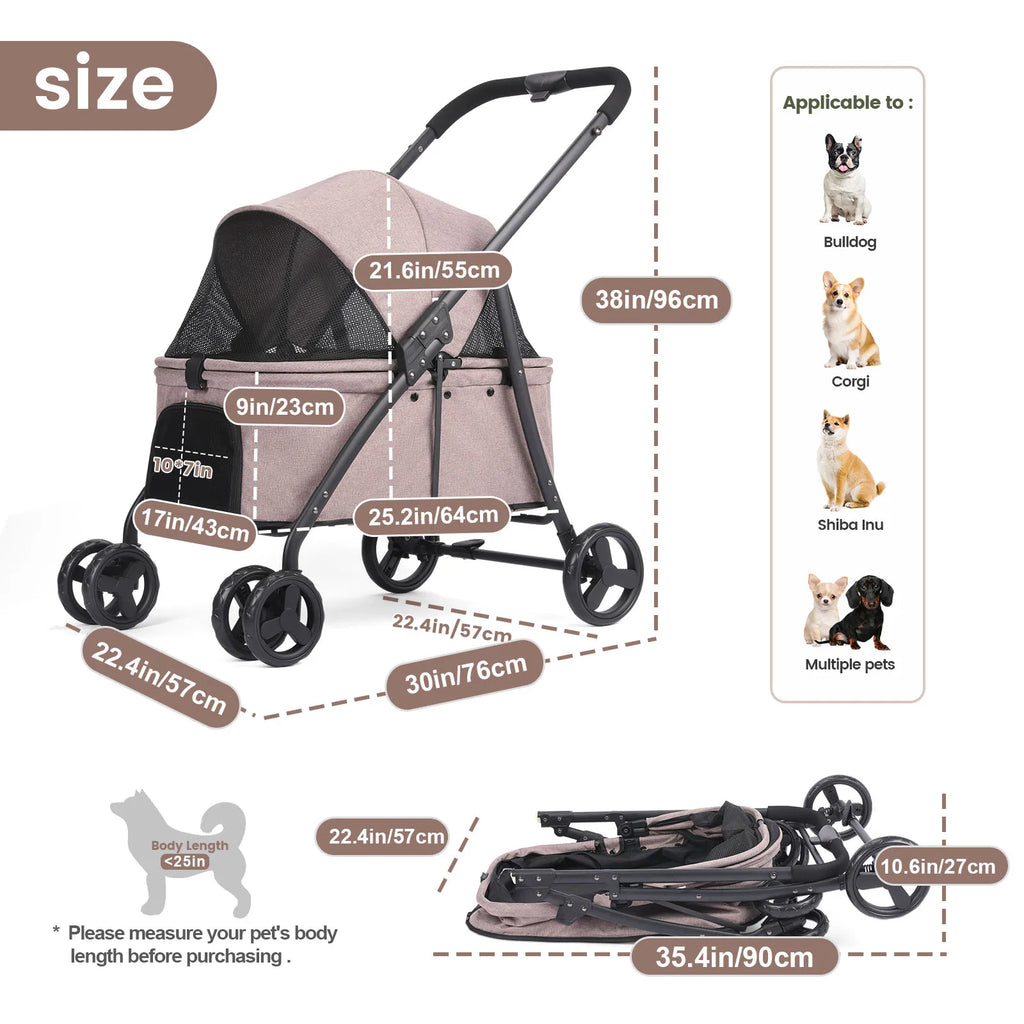 Portable, Foldable Dog Stroller  with 4 Wheels and Detachable Fashion Bag