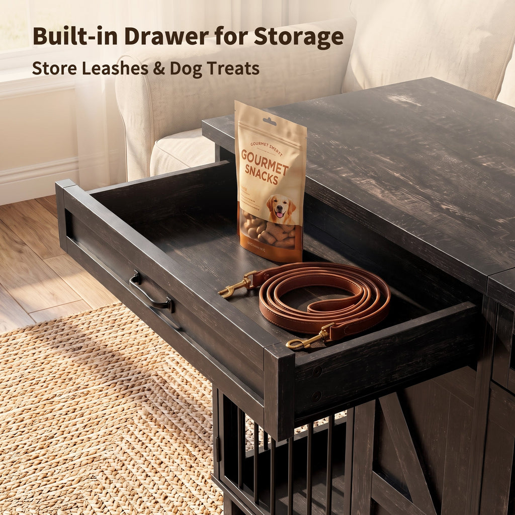 Wood & Metal Dog Crate Furniture TV Stand with Storage - Barn Door Design