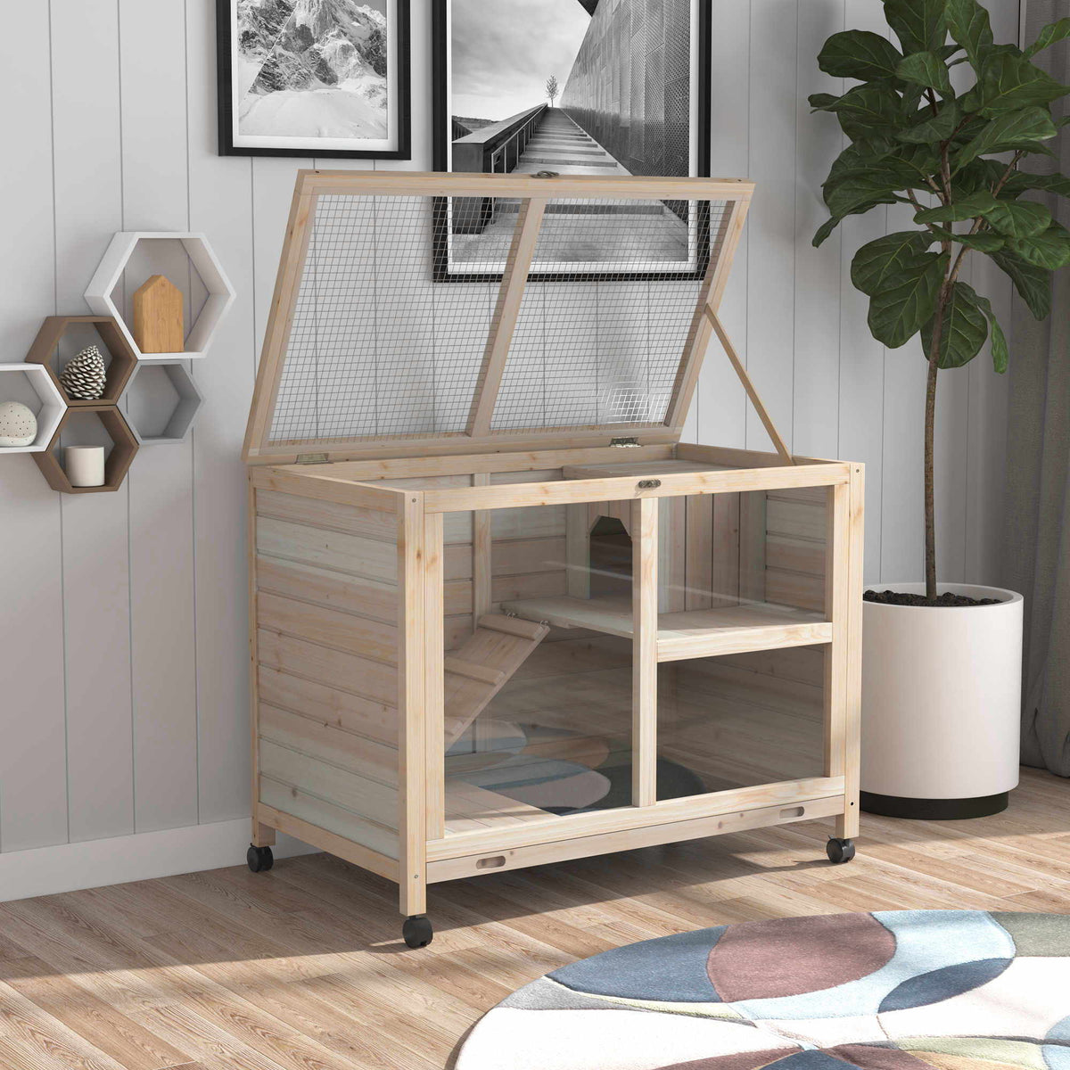 Natural Indoor Rabbit Hutch with Wheels – Wood Cage for Small Pets